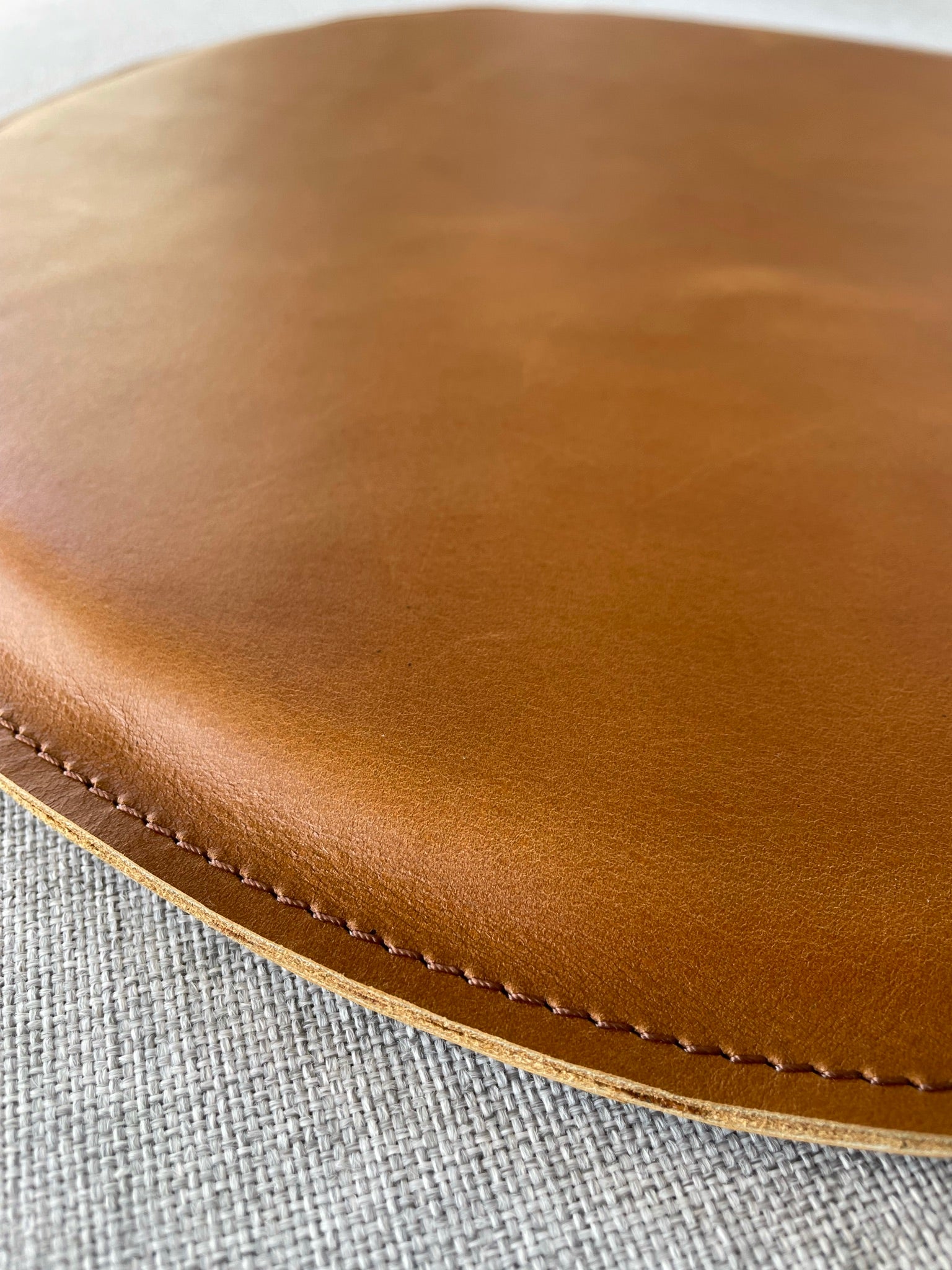 Stitching detail. Leather Round Cushion Tan by Modoun Home Decor