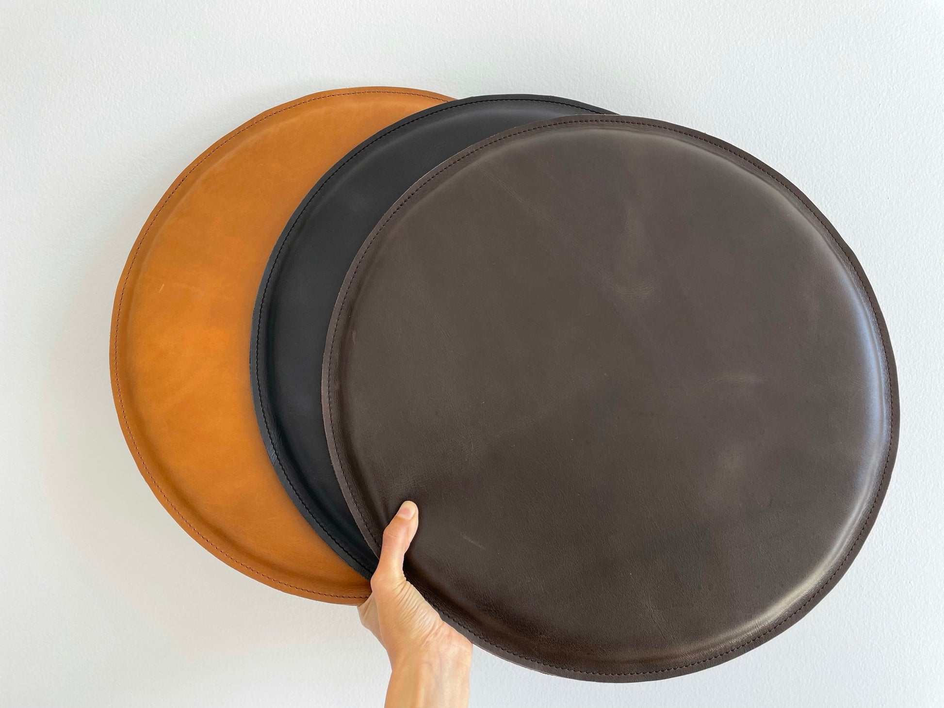 Brown, black and tan. Leather Round Cushion Tan by Modoun Home Decor
